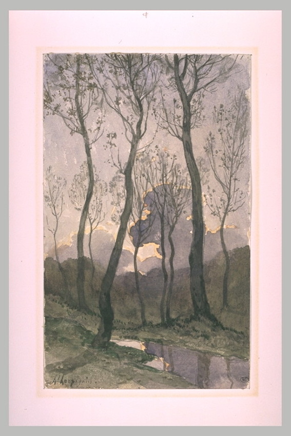 Henri Harpignies - Ruisseau bordé de grands arbres au crépuscule