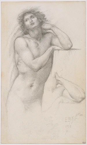 Edward Burne-Jones - Etude d'homme nu, à mi-jambes, accoudé à un bloc, et repris...