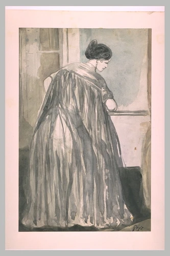 Constantin Guys - Femme à la fenêtre, debout, de dos, en peignoir bleu