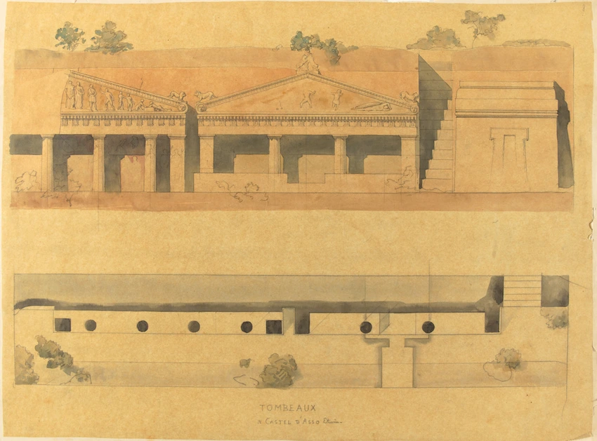 Louis Boitte - Italie étrusque, façade et plan d'un tombeau à Norchia