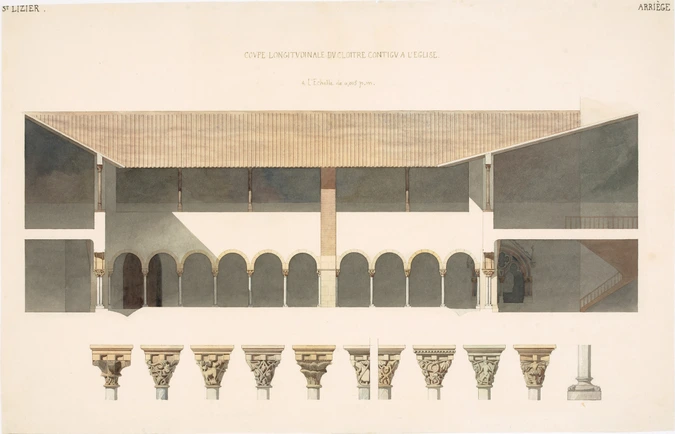 Saint-Lizier, coupe longitudinale du cloître, détails d'une base de colonne et des chapiteaux - Victor Ruprich-Robert
