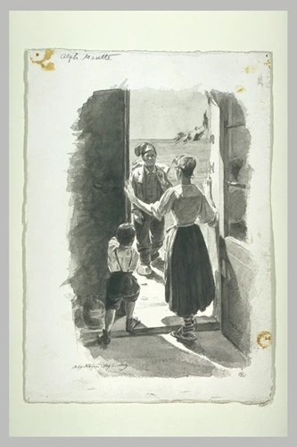 Alphonse Moutte - Paysanne et enfant debout, accueillant un paysan venant du deh...