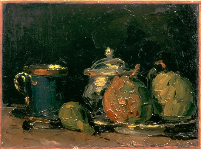 Paul Cézanne - Sucrier, poires et tasse bleue
