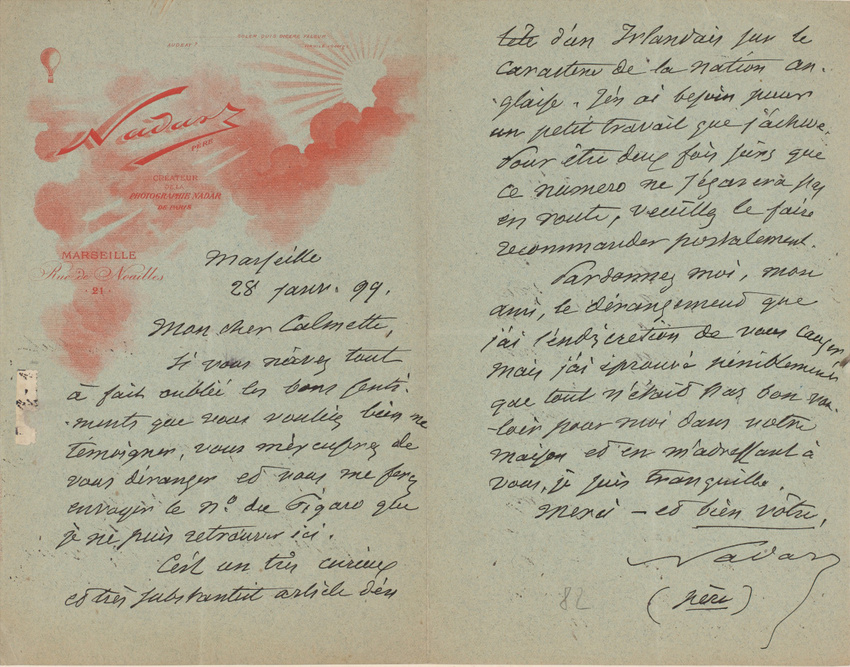 Nadar - Lettre manuscrite de Nadar à Gaston Calmette, signée et datée