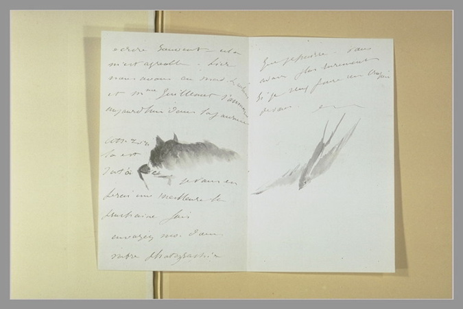 Edouard Manet - Lettre à Isabelle Lemonnier décorée d'un chat lapant, et d'une h...