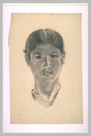 Marie Bracquemond - Tête de femme, de face, les cheveux coiffés en bandeaux