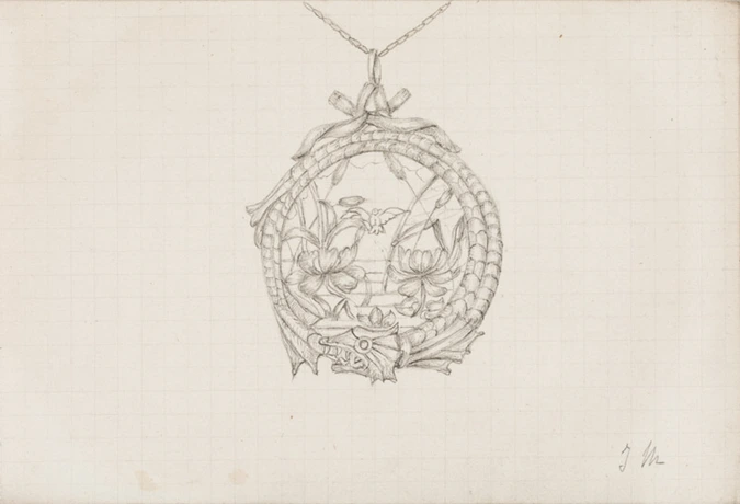 Pendentif circulaire encerclé par un poisson et ses écailles, à motif floral, oiseau, roseau, ruban en son sommet - Jeanne de Montigny