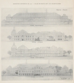 Projet de 1896 pour le Grand Palais des Beaux-Arts à l'Exposition universelle de 1900, coupes, façades latérale et postérieure - Charles Girault