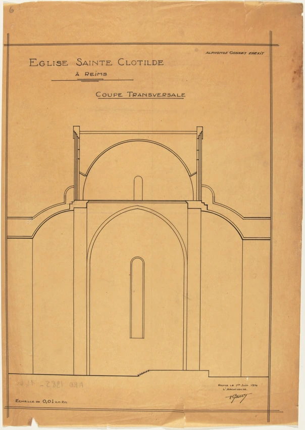 Projets d'aménagements intérieurs de la Basilique Sainte-Clotilde de Reims, coupe transversale - Pol Gosset