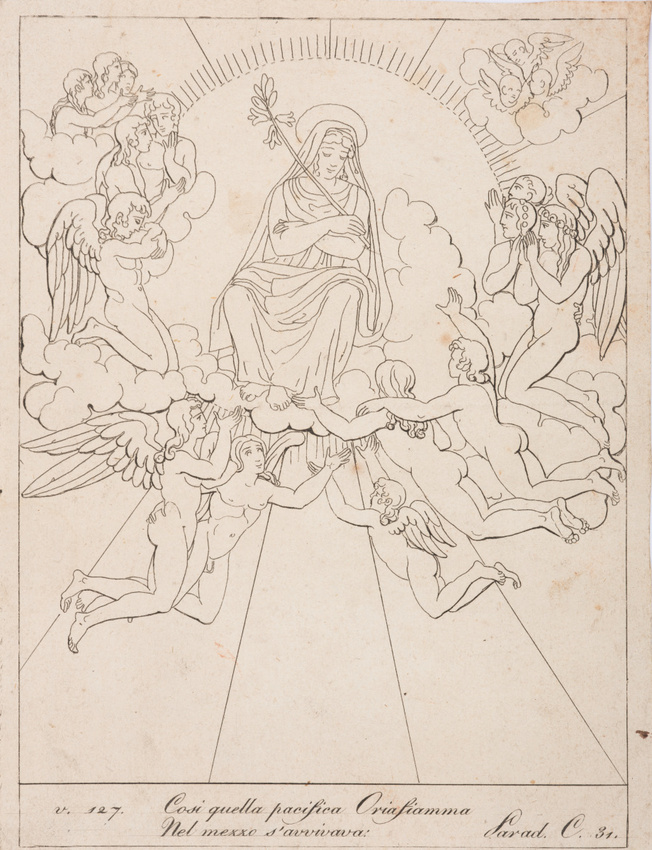 Anonyme - Femme auréolée portant une palme et portée par des anges dans un nuage...