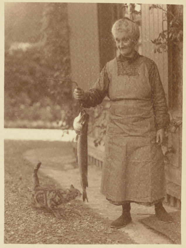 Charles Augustin Lhermitte - Femme agée présentant un gros poisson à un chat