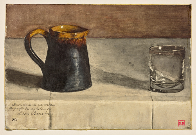 Léon Bonvin - Nature morte : pichet en terre cuite et verre sur une table