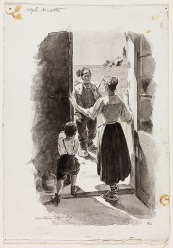 Alphonse Moutte - Paysanne et enfant debout, accueillant un paysan venant du deh...