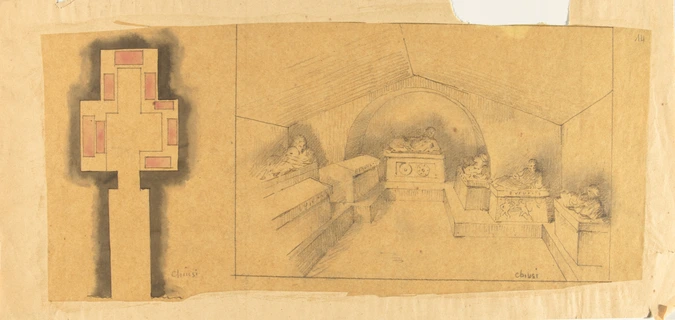 Louis Boitte - Italie étrusque, Chiusi, vue intérieure et plan d'un tombeau