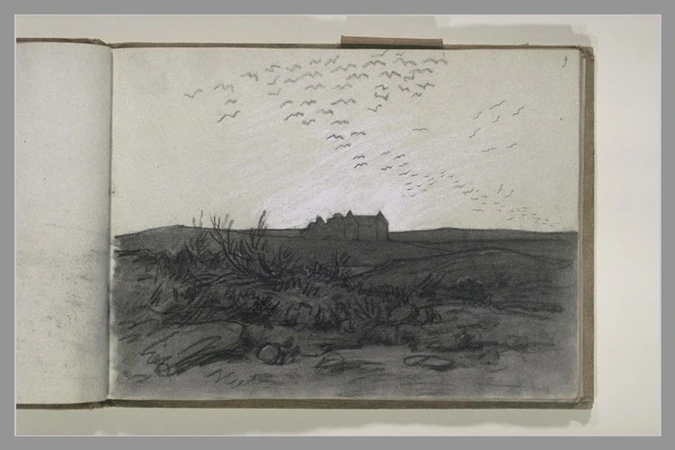 Frédéric Bazille - Vue d'un manoir dans la lande survolée par une nuée d'oiseaux