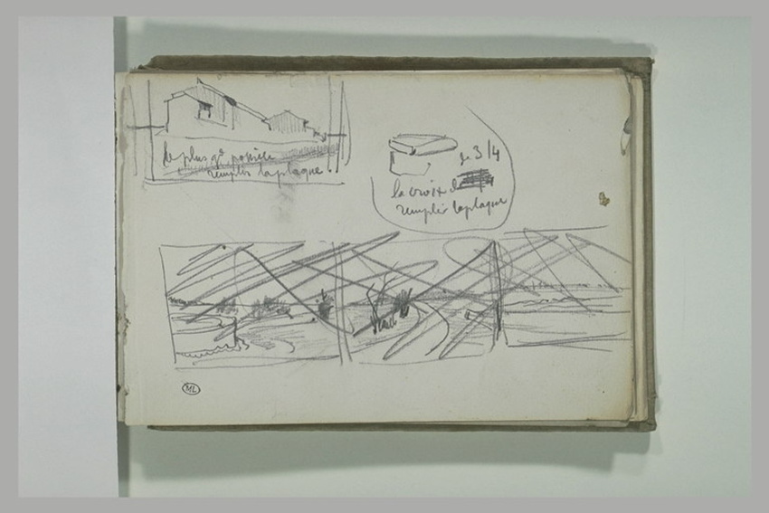 Alphonse de Neuville - Bâtiments, dans un encadrement ; paysage, dans un triptyq...