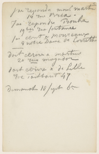 Johan Barthold Jongkind - Note manuscrite avec adresses