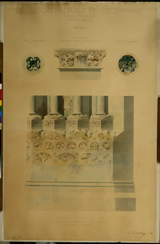 Soubassement, chapiteau, rosaces de la façade de la cathédrale de Sées (Orne) - Victor Ruprich-Robert