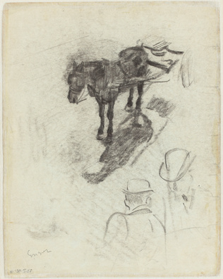 James Ensor - Cheval attelé, et deux têtes au chapeau melon