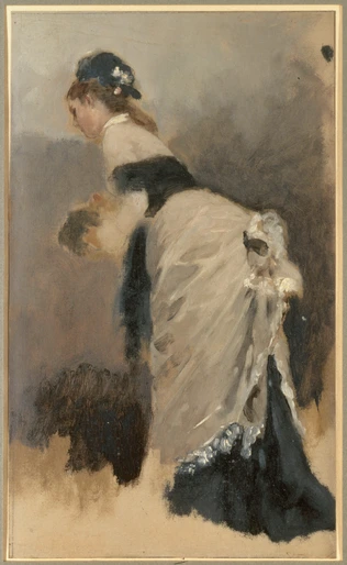 Jeune femme debout de profil à gauche à l'écharpe et au manchon - Jean Béraud