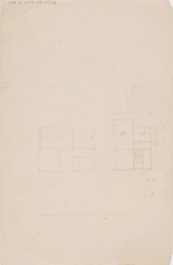 Vue d'une maison, élévation avec grille d'entrée et deux personnages au balcon. Deux plans cotés au verso - Victor Baltard