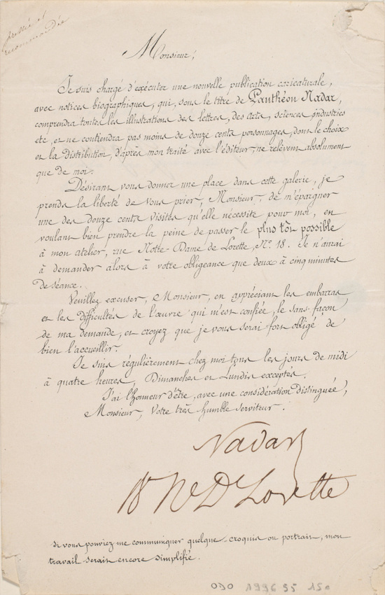 Nadar - Lettre de Félix Nadar en vue de la préparation du Panthéon (celle-ci est...