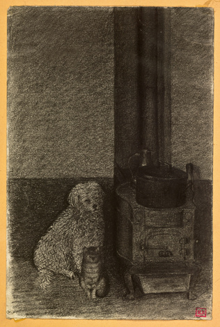 Léon Bonvin - Un caniche blanc et un chat près d'un poêle