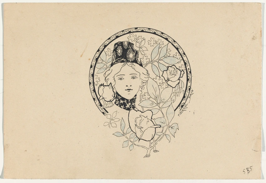 Pierre Brun - Motif décoratif dans un cercle, tête de jeune page entourée de fle...