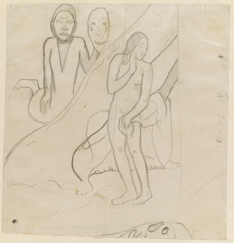 Paul Gauguin - Femme nue debout, et derrière un arbre, émerge un personnage