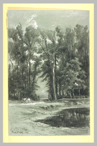 Paysan labourant au bord d'un étang, en lisière de bois