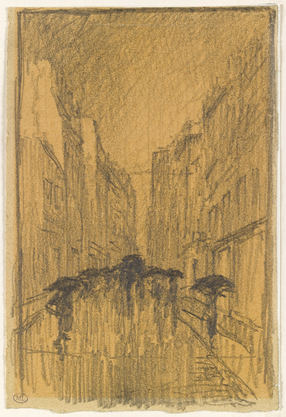 Théophile Alexandre Steinlen - Vue d'une rue sous la pluie et piétons s'abritant...