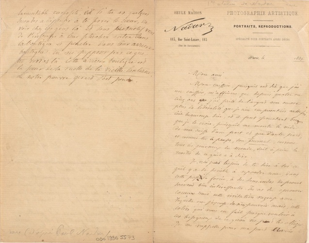Nadar - Lettre de Félix Nadar à un destinataire non identifié
