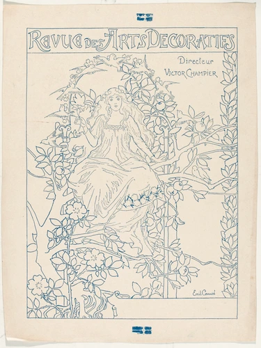 Page de couverture de la Revue des Arts Décoratifs représentant une jeune femme assise sur une branche d'arbre fruitier, entourée d'oiseaux, sur fond architecturé, fleurs au premier plan - Emile Causé