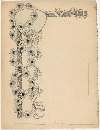 Emile Causé - Encadrement de page, vagues stylisées, fleurs, éventail, ruban