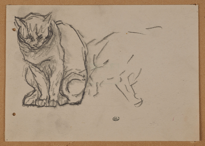 Théophile Alexandre Steinlen - Chat assis, de face, et croquis inachevé d'un aut...