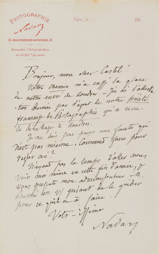 Nadar - Lettre de Félix Nadar adressée à Castel, sur papier en-tête
