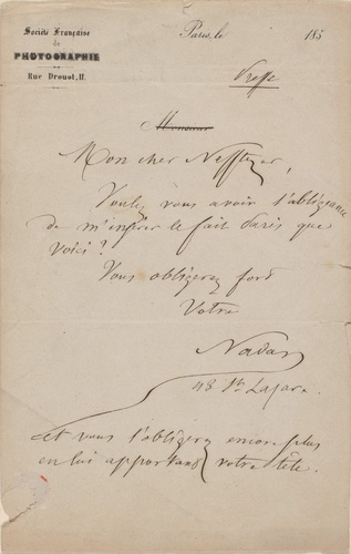 Nadar - Lettre manuscrite de Nadar, papier à l'en-tête de la Société Française d...