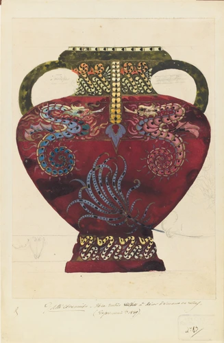 Emile Gallé - Vase-rubis : modèle de vase en faïence à décor aquatique, deux hip...