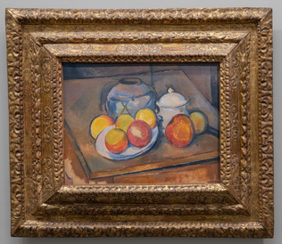 Vase paillé, sucrier et pommes - Paul Cézanne