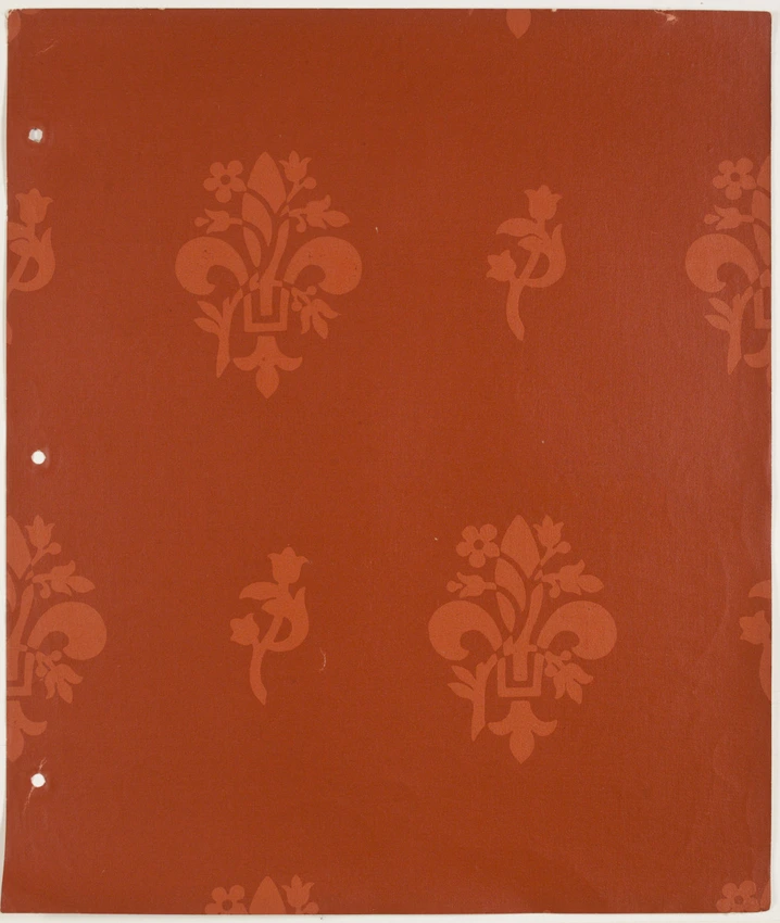 Anonyme - Semis de fleur de lys stylisée rouge sur fond rouge, surchargée d'une ...