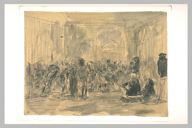 Eugène Boudin - Marché sous l'ancienne halle de la place Saint-François à Quimpe...