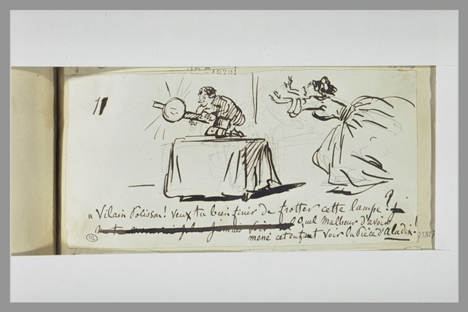 Cham - Caricature : femme se précipitant vers son fils qui tient une lampe
