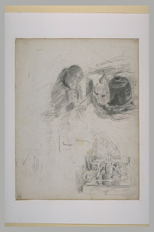 James Ensor - Feuille d'études : encrier, buste de femme et pièce d' orfèvrerie