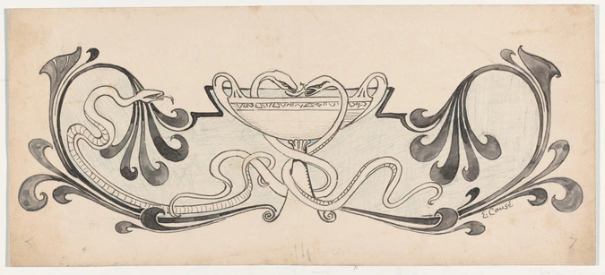 En-tête ou cul-de-lampe composé d'une coupe emmêlée de serpents, et cerné de part et d'autre par des arabesques - Emile Causé