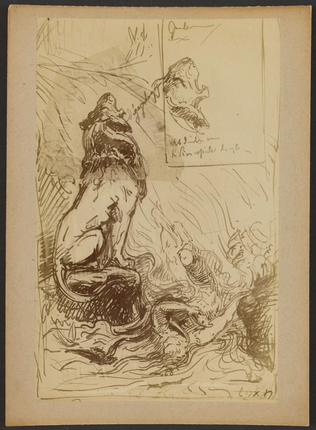 D. Freuler - Photographie d'une feuille de croquis de lion hurlant et personnage...