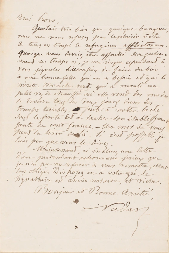 Lettre de Félix Nadar adressée à M. Leprovost - Nadar