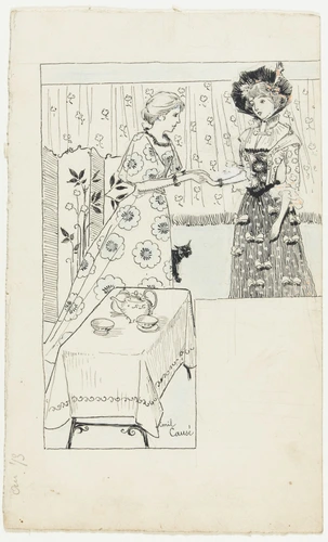 Emile Causé - En-tête, deux jeunes femmes autour d'une table dressée pour le thé