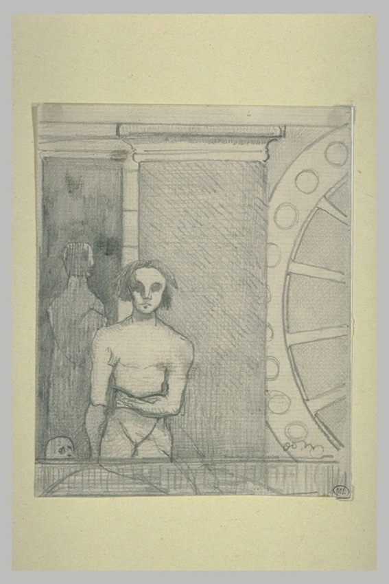 Odilon Redon - Homme nu, vu de face, devant un mur, et grande roue sur la droite