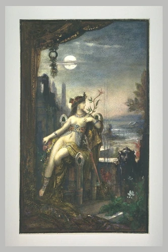 Gustave Moreau - Cléopâtre, assise, demi nue, de face sur un trône très élevé