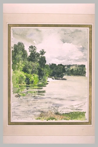 Jules Jacquemart - Une large rivière, aux rives bordés de fourrées et de colline...